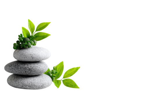 Stacked gray stones, accented by vibrant green leaves and berries, creating a tranquil and natural scene