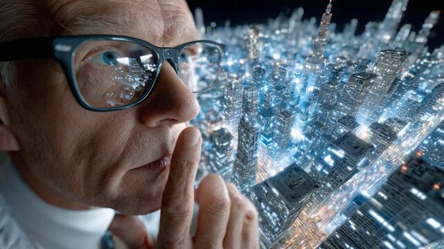 Visionary Contemplation: An older individual, immersed in thought, peers intently at a futuristic cityscape model, capturing a moment of deep contemplation and visionary focus.