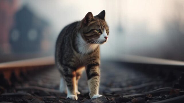 Tabby cat walking train track foggy morning, outdoor animal feline misty nature&mdash;A cat walks confidently along train tracks, surrounded by tranquil and mysterious atmosphere, evoking peaceful adventure