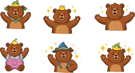 Cartoon bear characters, cute animal costumes, children’s illustration, playful teddy bears, fantasy outfits, vector art, colorful design, whimsical style, fun expressions,