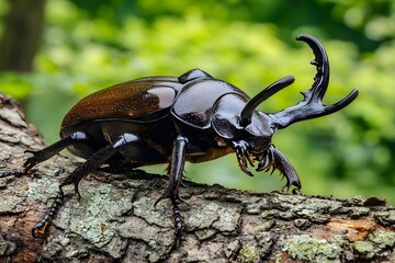 Majestic rhinoceros beetle on a tree branch in the lush rainforest