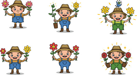 Cartoon child gardener, holding flowers, happy expressions, straw hat, overalls, spring garden, nature joy, floral pose, cute illustration, seasonal character