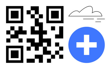Obraz premium QR code beside a blue circle with a white cross and a simple cloud outline. Ideal for technology, healthcare, apps, scanning, digital solutions, cloud-based services, marketing. A simple flat