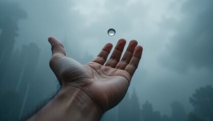 A close-up of a hand reaching out to catch a raindrop, against a backdrop of a gloomy, rain-filled sky.