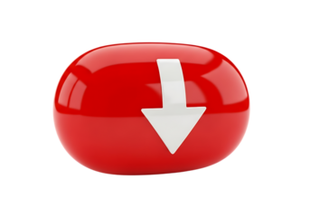 Red sphere with white down arrow isolated on transparent background