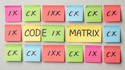 Colorful sticky notes arranged in a matrix pattern with text that illustrates coding concepts for visual learning