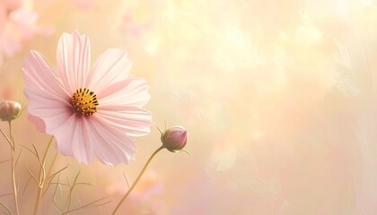 柔らかな光に包まれたコスモスの花とミニマル背景デザイン
