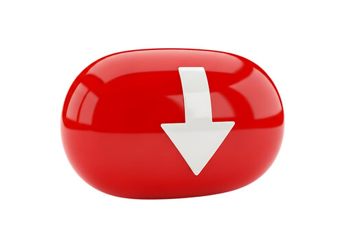Red sphere with white down arrow isolated on transparent background