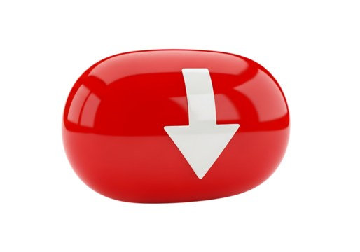 Red sphere with white down arrow isolated on transparent background