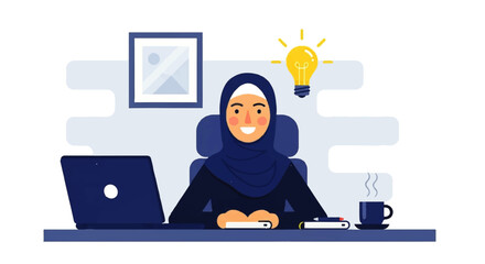 Illustration of a woman in hijab at a desk with a laptop and coffee, with a lightbulb above her head.