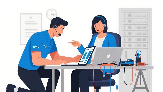 Male IT Technician Helping Female Colleague with Computer Issue in Office