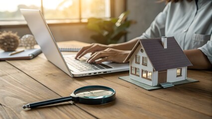 Person Working on Laptop with House Model and Magnifying Glass – Conceptual Image Representing Real Estate Research, Property Analysis, Home Inspection, and Housing Market Evaluation
