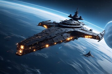 Epic futuristic spaceship cruising over a planet, an amazing journey of discovery and exploration begins