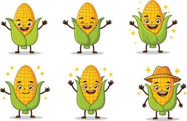 Cute cartoon corn characters, smiling vegetable mascots, happy maize illustration, fun food clipart, cheerful harvest icons, kids-friendly agriculture design
