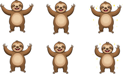 Cute cartoon sloth character, smiling animal illustration, happy pose, adorable vector art, celebration concept, sparkles effect, editorial design asset