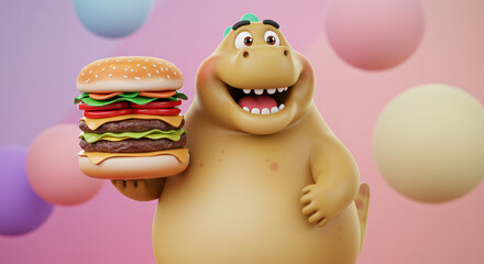 Fototapeta premium A Cheerful Cartoon Dinosaur Holding a Large, Delicious Burger in a Whimsical, Colorful Setting