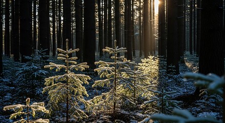 Sunlight streams through a wintry forest, illuminating young evergreens frosted with snow.