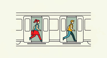 Illustration of a woman and man exiting a subway train through open doors.