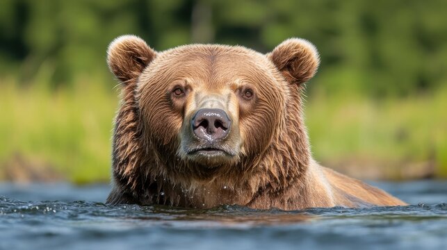 Majestic Brown Bear Emerging from Calm Waters in Natural Habitat - Powered by Adobe
