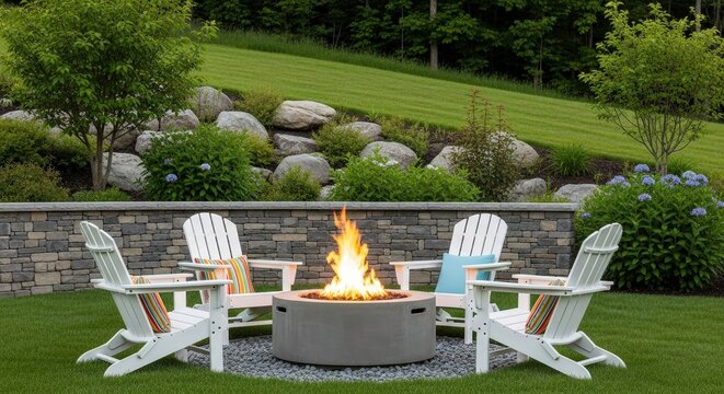 Cozy outdoor seating area with adirondack chairs arranged around a modern fire pit, perfect for evening relaxation and gatherings