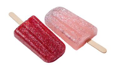 Two popsicles, one red, one pink,  are angled on a black background.  The popsicles have a textured surface, and are topped with a light-colored, sparkly coating.  Wooden sticks support each
