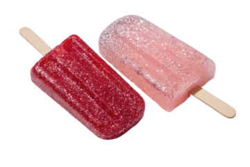Two popsicles, one red, one pink,  are angled on a black background.  The popsicles have a textured surface, and are topped with a light-colored, sparkly coating.  Wooden sticks support each