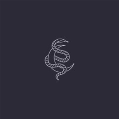 Snake with crescent moon line art minimalist mystical logo.