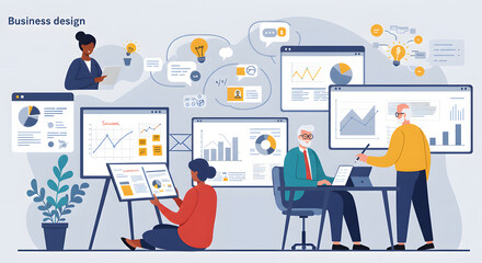 Diverse business team collaborating on strategic design and data analysis with charts and graphs.
