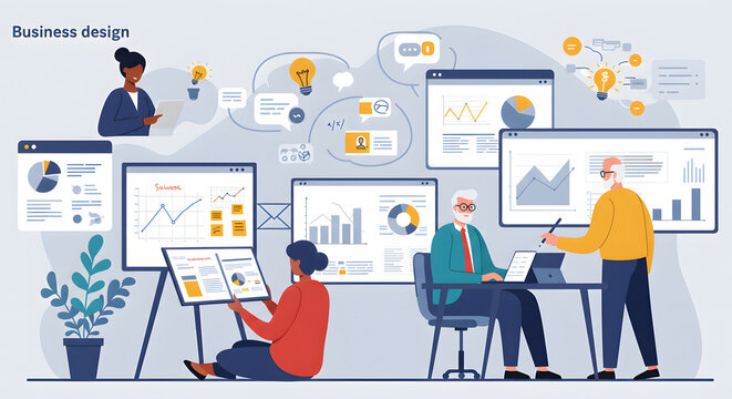 Diverse business team collaborating on strategic design and data analysis with charts and graphs. - Powered by Adobe