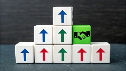 Pyramid of Wooden Blocks with Upward Arrows and Handshake Icon &ndash; Conceptual Image Representing Growth, Team Collaboration, Strategic Partnership, Progression, and Organizational Success