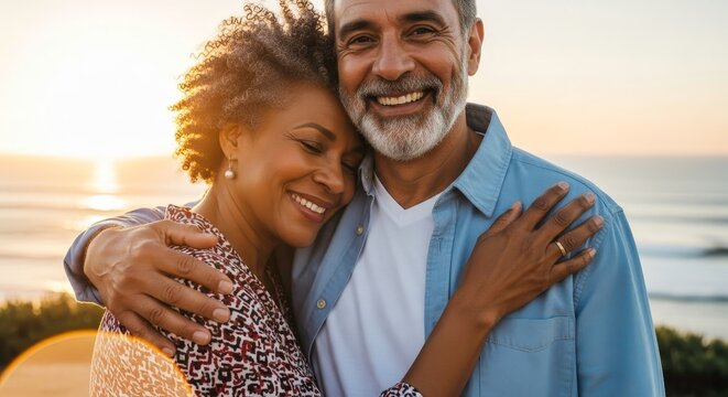 A loving african american couple embracing by the ocean at sunset, with the golden light illuminating their happy and contented faces