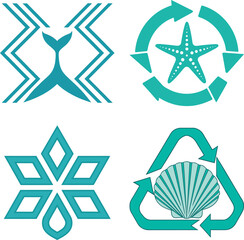 Obraz premium Teal Sea Life Icons Whale Tail with Chevron Pattern, Starfish Recycle Sign, Seashell