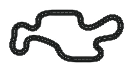 Simple black and white illustration of a winding race track layout