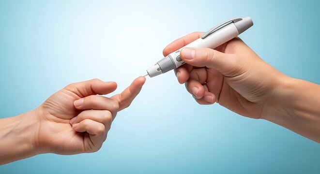 A close-up shot of a person's hand using a glucose meter to prick another person's finger for a blood sugar test.
