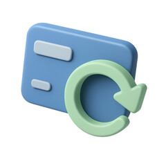 3D rendered credit card with circular refresh symbol, indicating renewal or update.