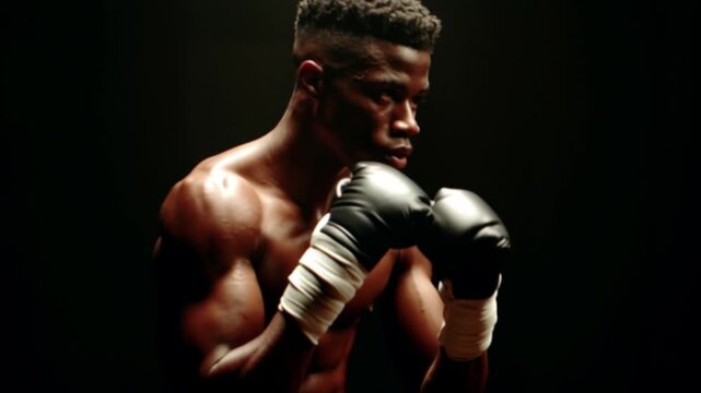 Young boxer athletic male shirtless shadowboxing dark room, focused and muscular, training with black gloves, intense workout, strength, discipline, dramatic lighting, determination, hand wraps