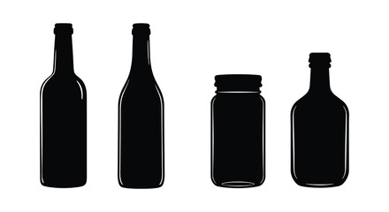 Silhouettes of various glass containers bottles and jars in black and white