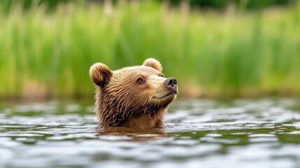 Obraz premium Grizzly Bear in Calm Water with Lush Green Background