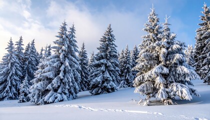Snow Covered Evergreen Trees Under Blue Sky in Winter Forest