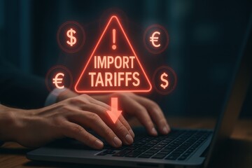 Logistics cost increase. Hands typing on a laptop with a warning about import tariffs displayed.