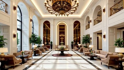 Luxurious hotel lobby featuring elegant chandelier, marble floor, comfortable leather sofa seating, large arched window, decorative plant, luxury interior, and stylish table creating warm inviting