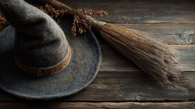 Mysterious witch hat and rustic broom rest on weathered wooden planks, evoking magical autumn nights and enchanting stories.