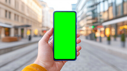 Hand Holding Smartphone with Green Screen Display in Urban Setting Street Scene in Soft Focus Background