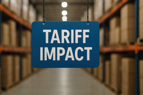 Logistics cost increase. Sign indicating tariff impact in a warehouse setting.