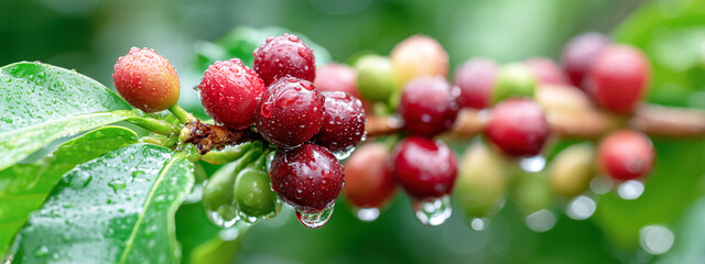 Banner of Fresh Coffee Cherry With Raindrops on Green Leaves in Natural Environment