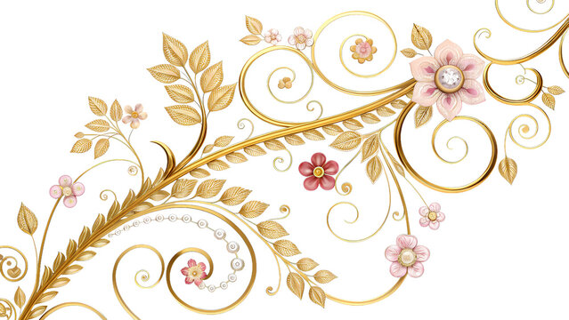 Ornate Golden Vine with Floral Accents Illustration on Transparent Background