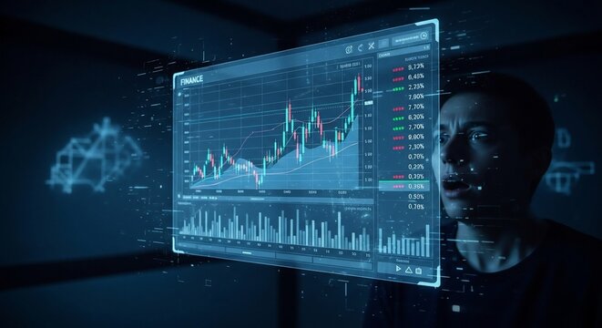 Financial analyst studying complex stock market data on a futuristic screen.