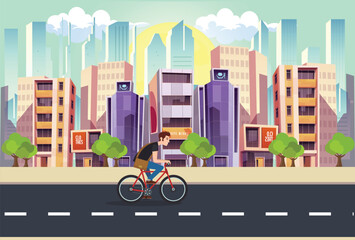 Young man rides a sports bike on a park road, Vector Illustration Bicycle man