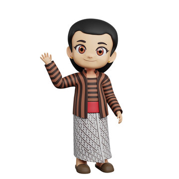 3d illustration of cartoon female character wearing Javanese traditional outfit lurik kebaya with jarik batik sarong waving hand, Indonesian cultural ethnic clothing illustration.
