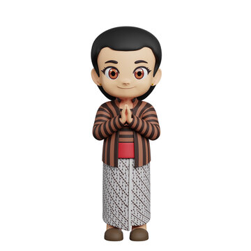 3d illustration of cartoon girl in Javanese traditional outfit lurik kebaya with jarik batik sarong, praying gesture, Indonesian ethnic female costume illustration.
